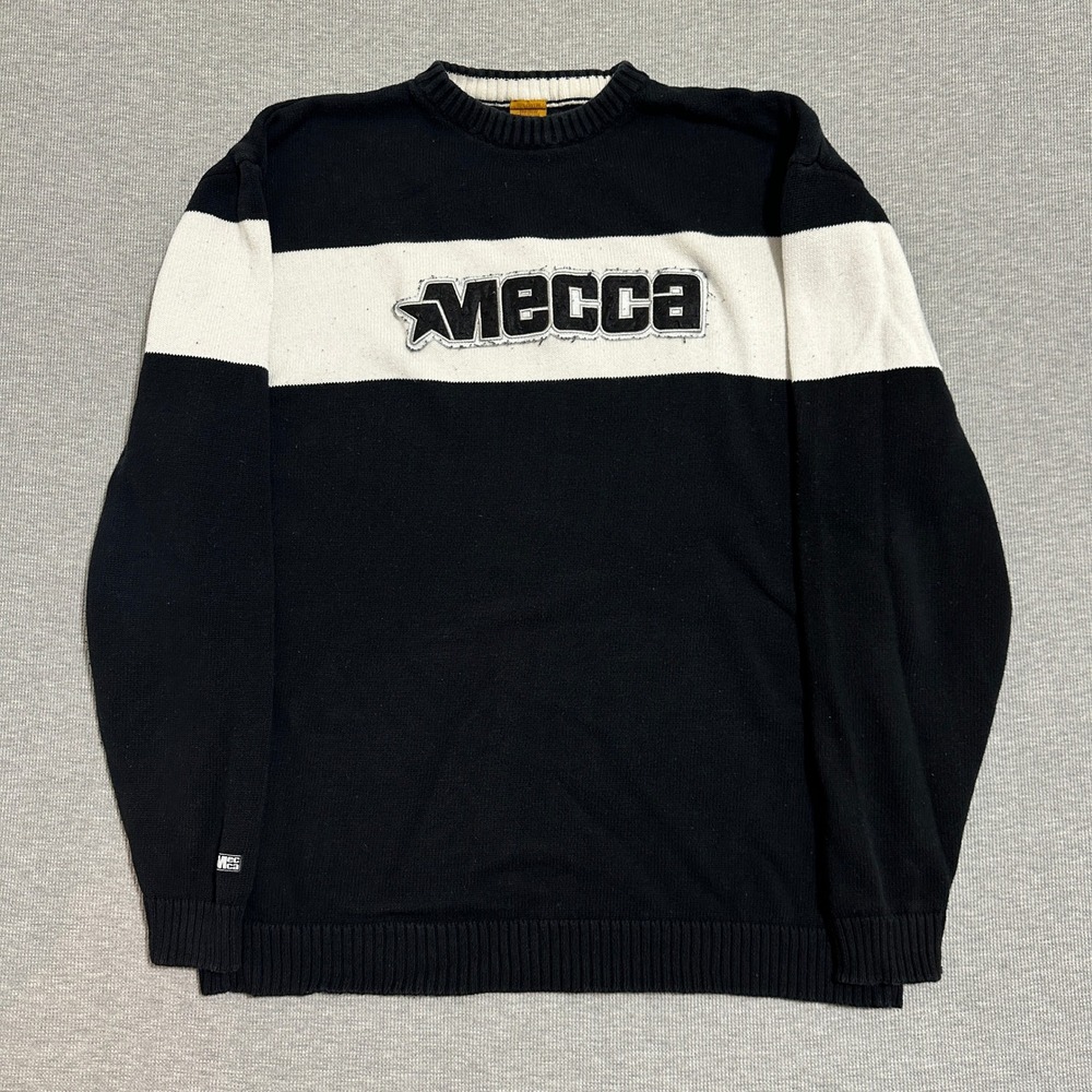 Y2K Mecca USA Colorblock Knit Crewneck Sweater Logo Patch Black White Mens Large